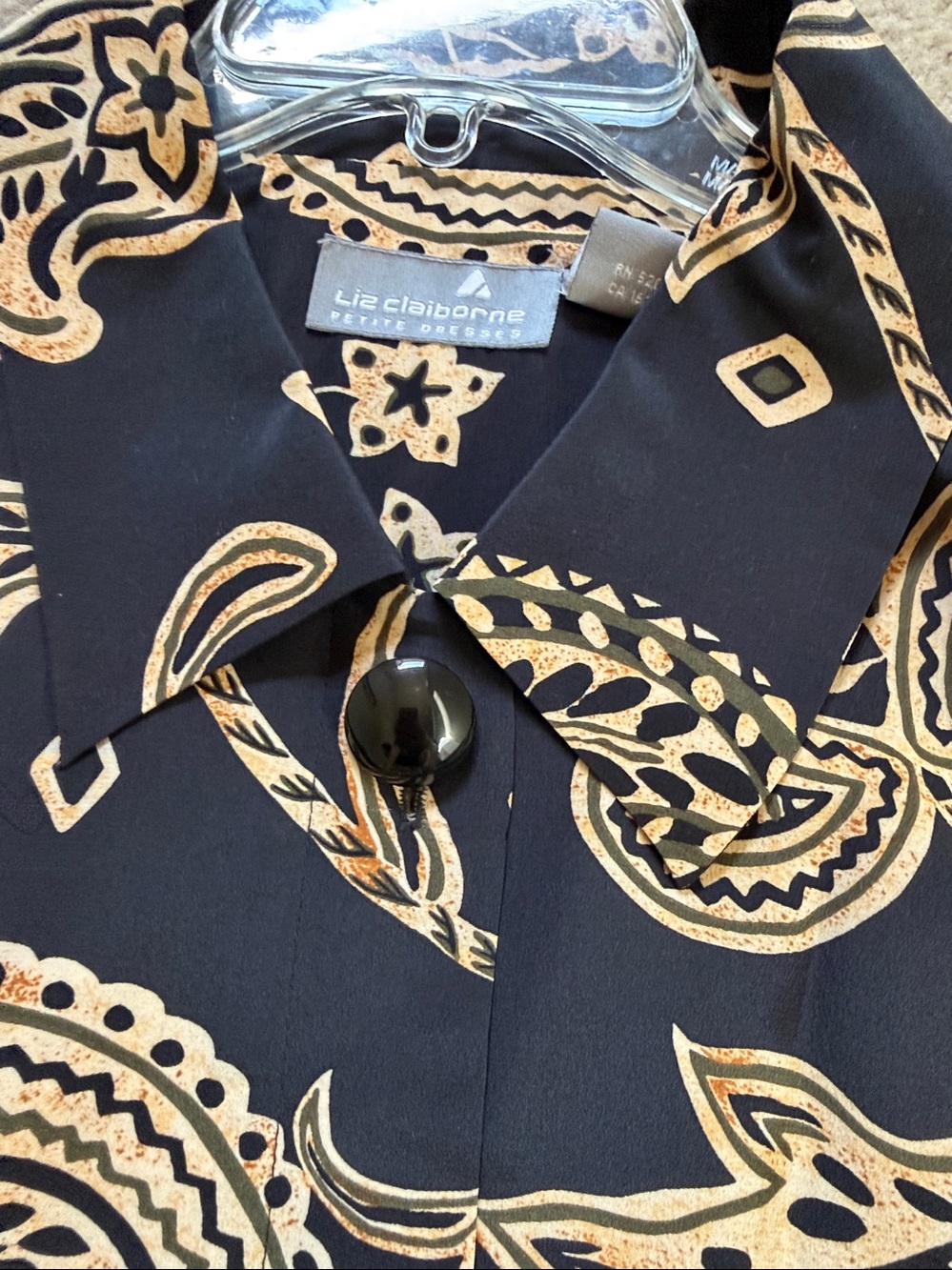 Vintage Liz Claiborne Silk Paisley Dress Black Ivory Belted Shirt Style Dress - Picture 7 of 10